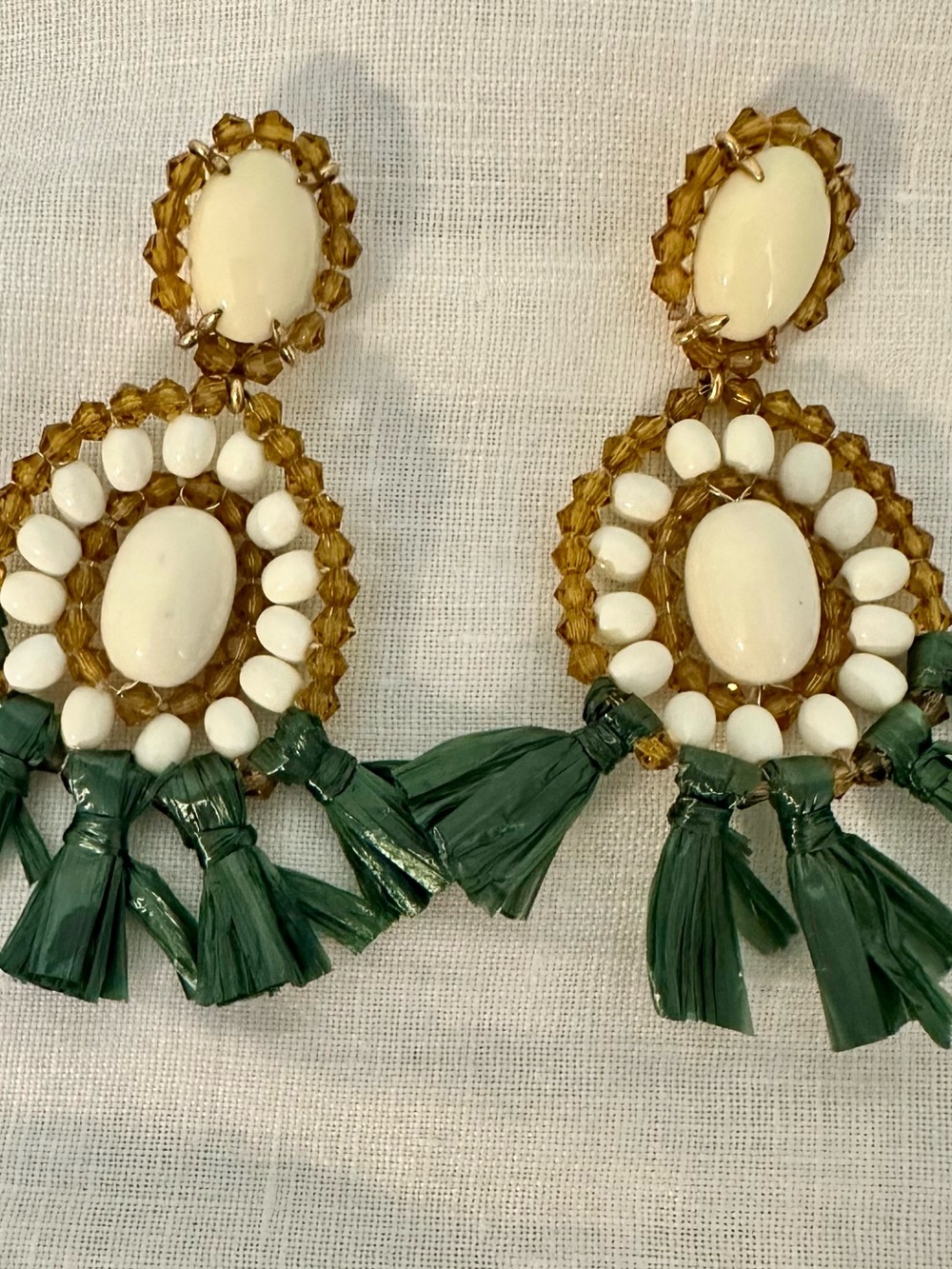 J.Crew Boho Green Tassel and White Bead Drop Earrings